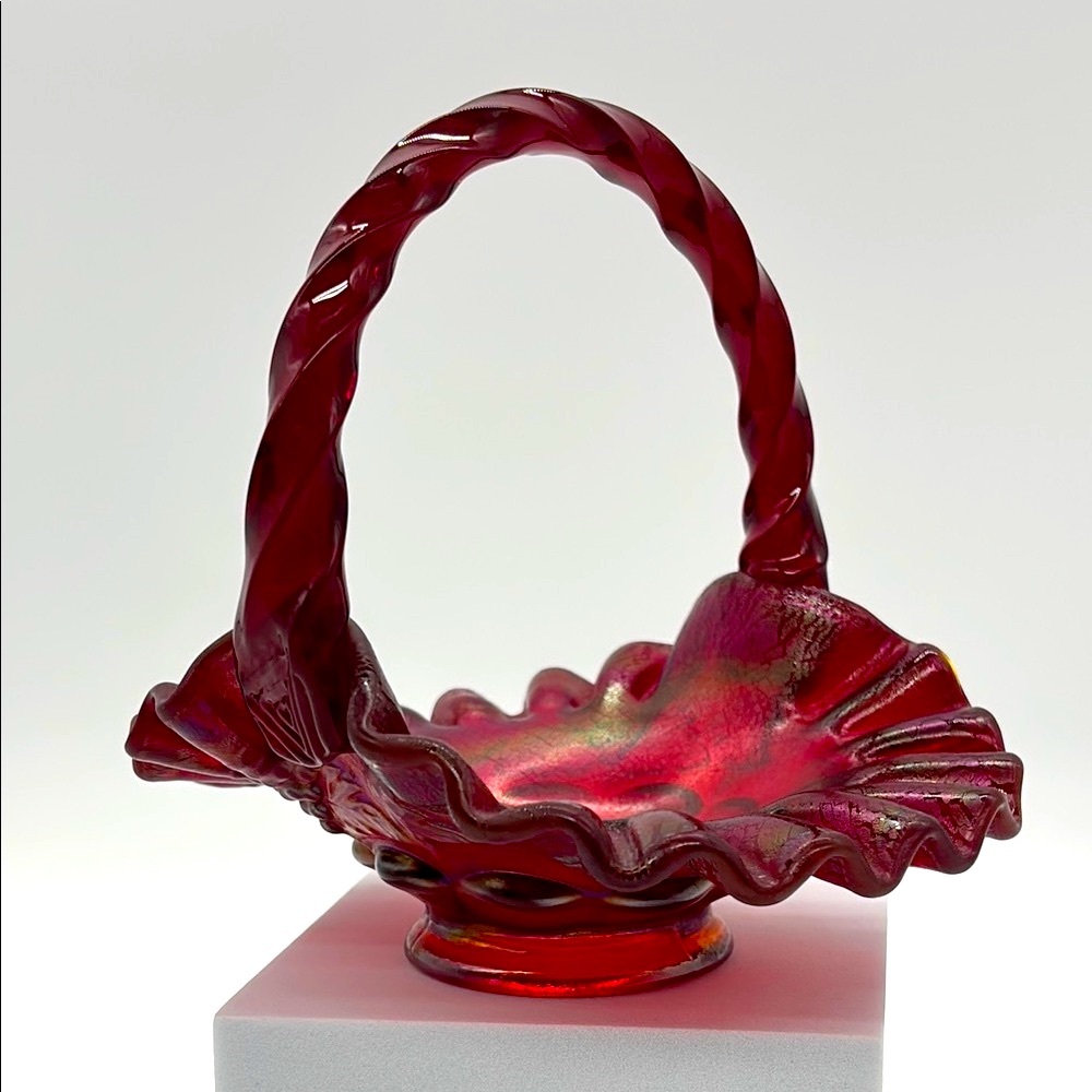 Vintage Fenton Miniature Basket in Ruby Amberina Stretch Glass Paneled Grape